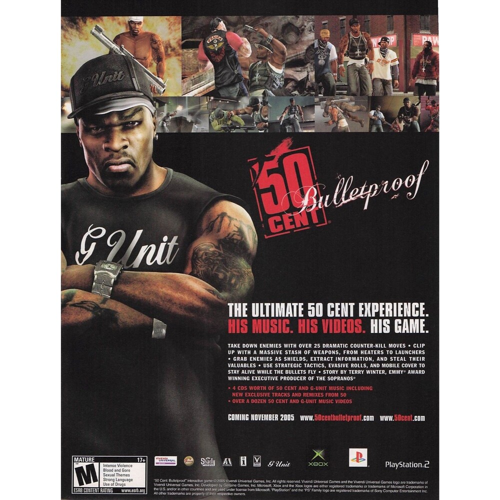 2005 50 cent bulletproof video game ad poster g unit rap hiphop xbox playstation